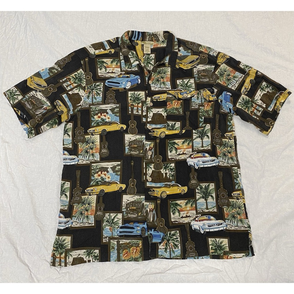 Islander Hawaiian Shirt L Black Cars Surf Guitar Tropical Rayon